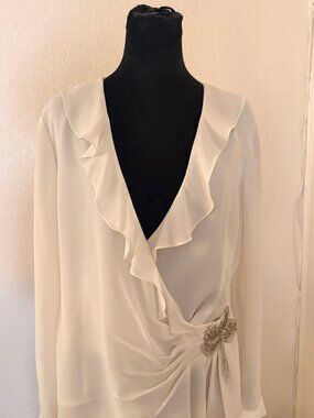Delaru White Ruffle Wrap Blouse Beaded Waist Women's 12